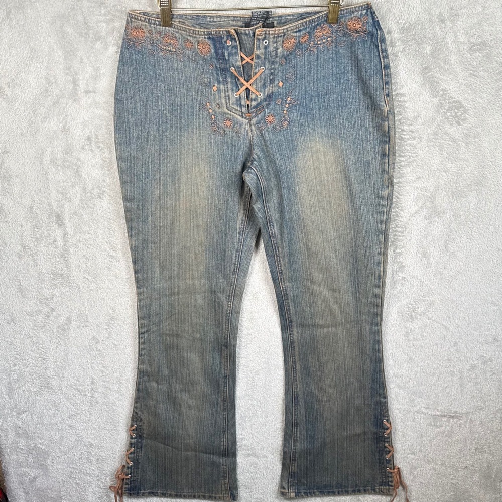 No Boundaries Jeans Women 11 Blue Y2K Lace Up Embroidered Flare Low Rise Bratz